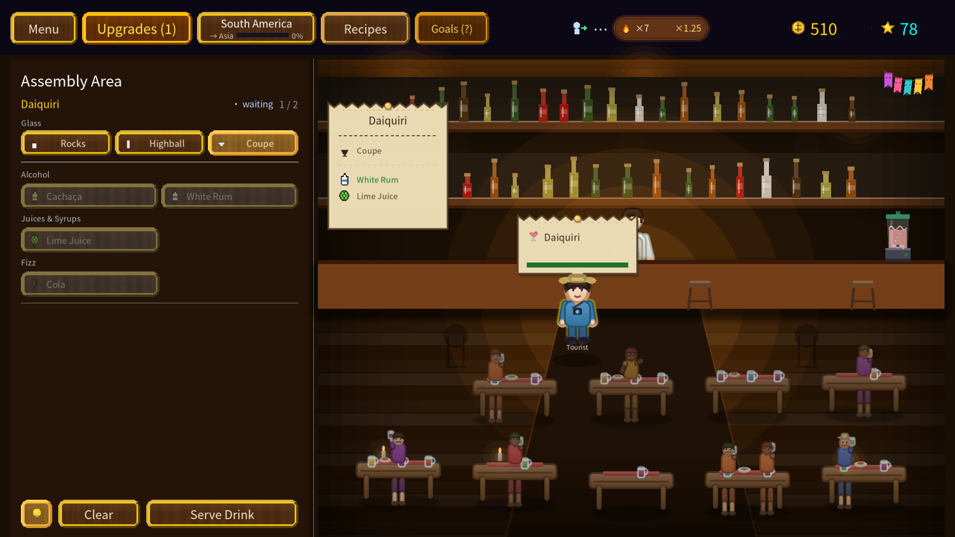 The bar in full swing: customers waiting, ingredients ready