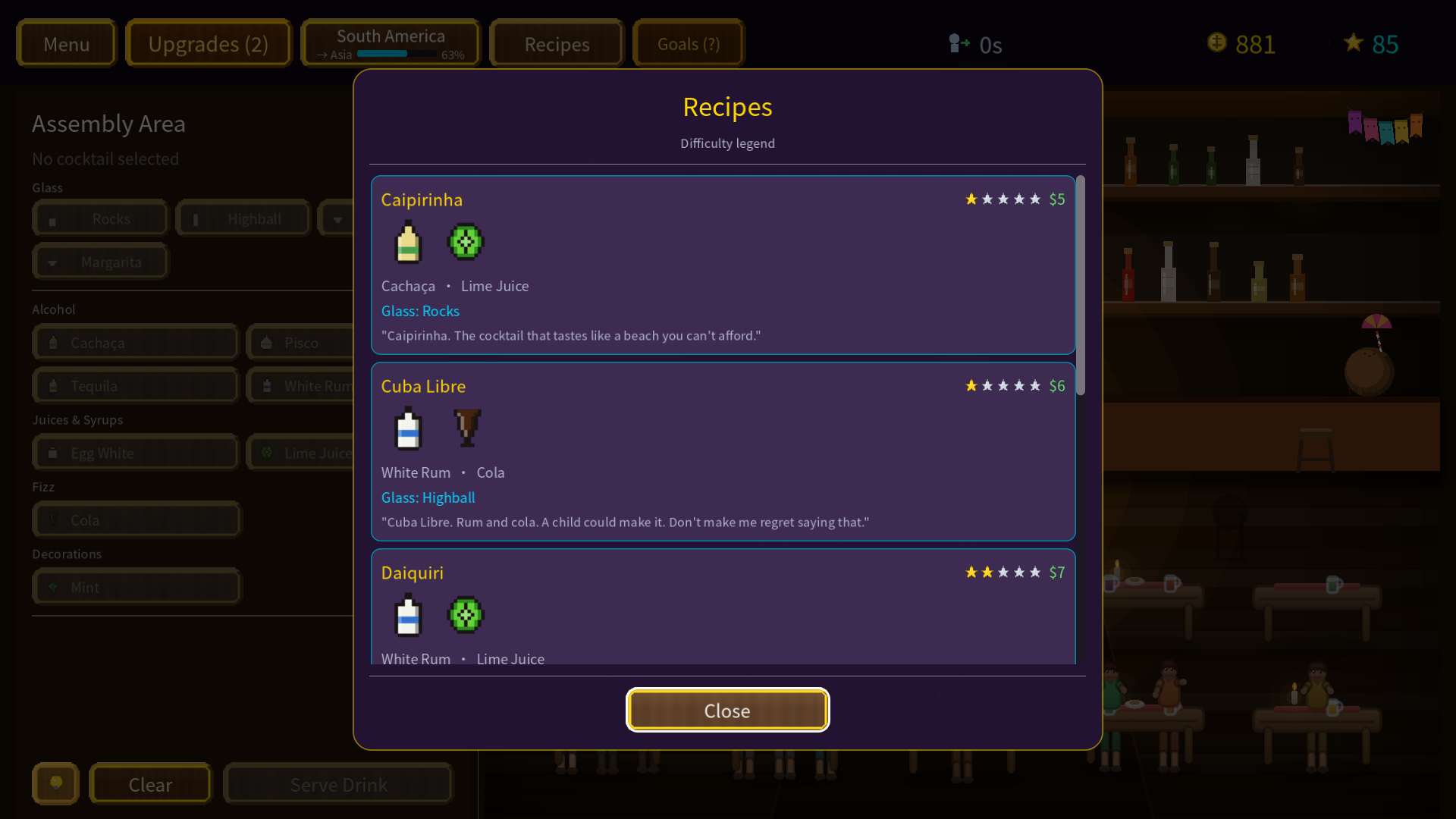 The recipe book with unlocked cocktails